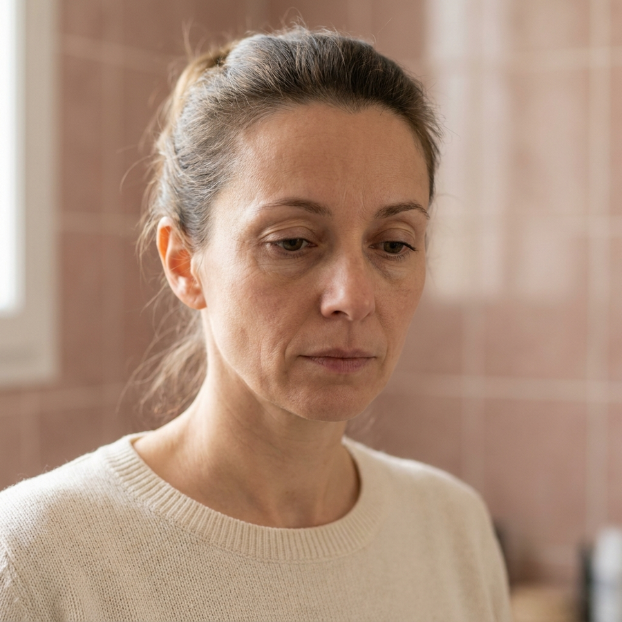 Femme face au miroir, regard pensif